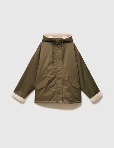Parka oversize courte &agrave; capuche vert kaki femme