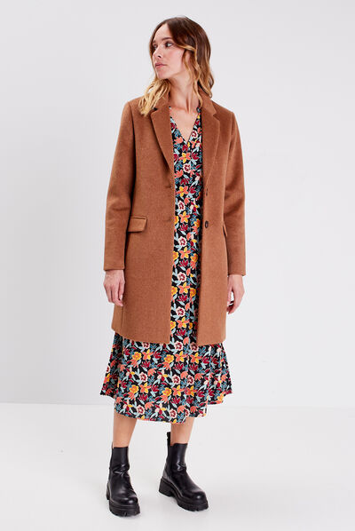 Manteau droit boutonné marron clair femme