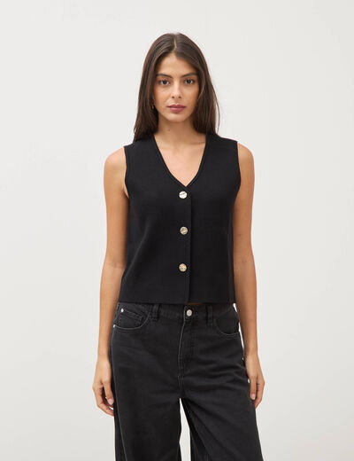Gilet droit court sans manches col v noir femme