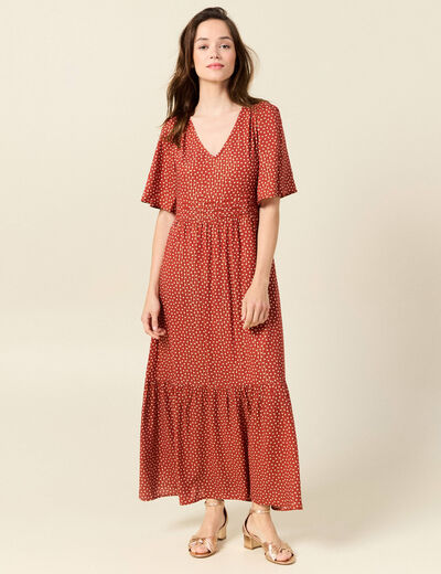 Robe longue évasée fluide orange foncé femme