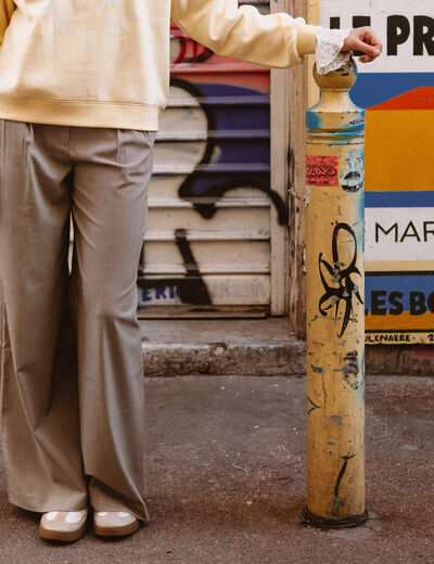 Pantalon large taille haute fluide beige femme