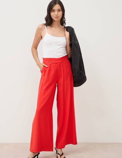 Pantalon large taille haute ceinture rouge femme