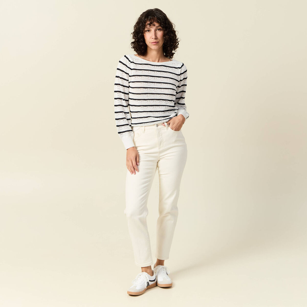 Pull manches longues ajouré ecru femme