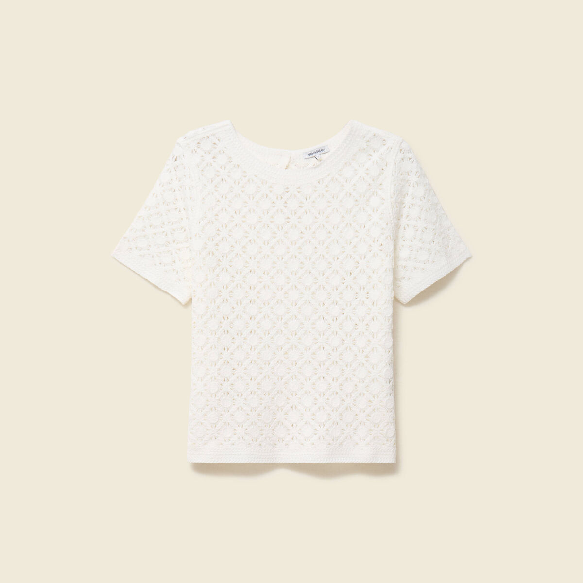 T-shirt ajour&eacute; col rond manches courtes ecru femme