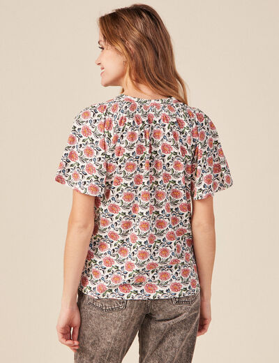 T-shirt col v manches courtes ecru femme