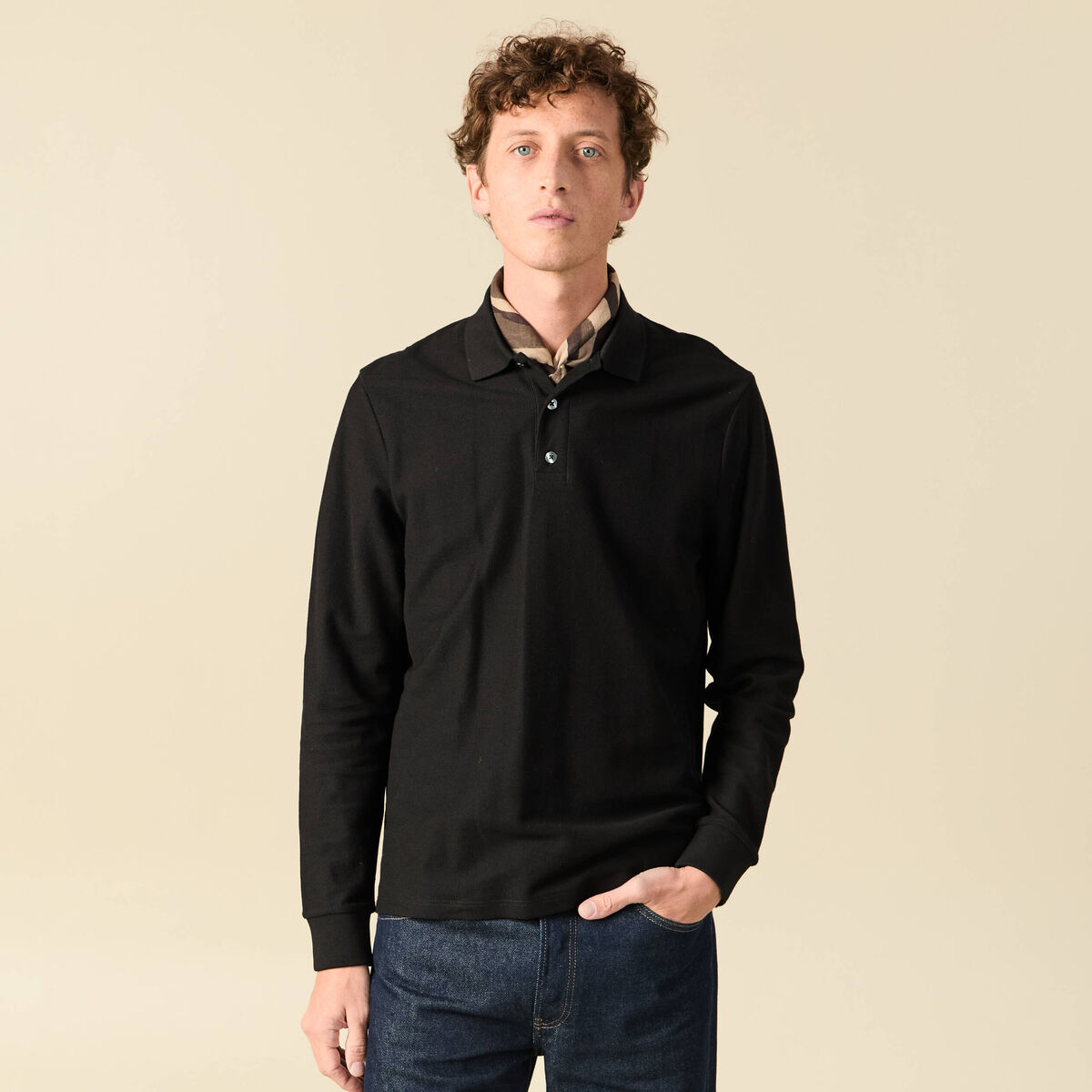 Polo manches longues en coton noir homme