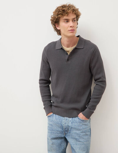 Pull manches longues en coton gris fonc&eacute; homme