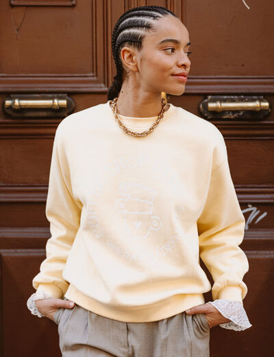 Sweat droit court manches longues jaune pastel femme