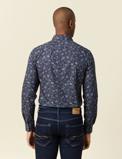 Chemise cintr&eacute;e en coton manches longues bleu marine homme
