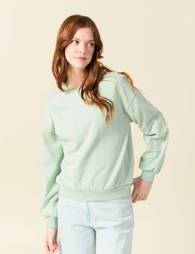 Sweat droit court col rond en coton vert pastel femme