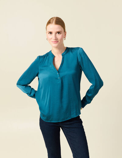 Blouse manches longues satin bleu gris femme