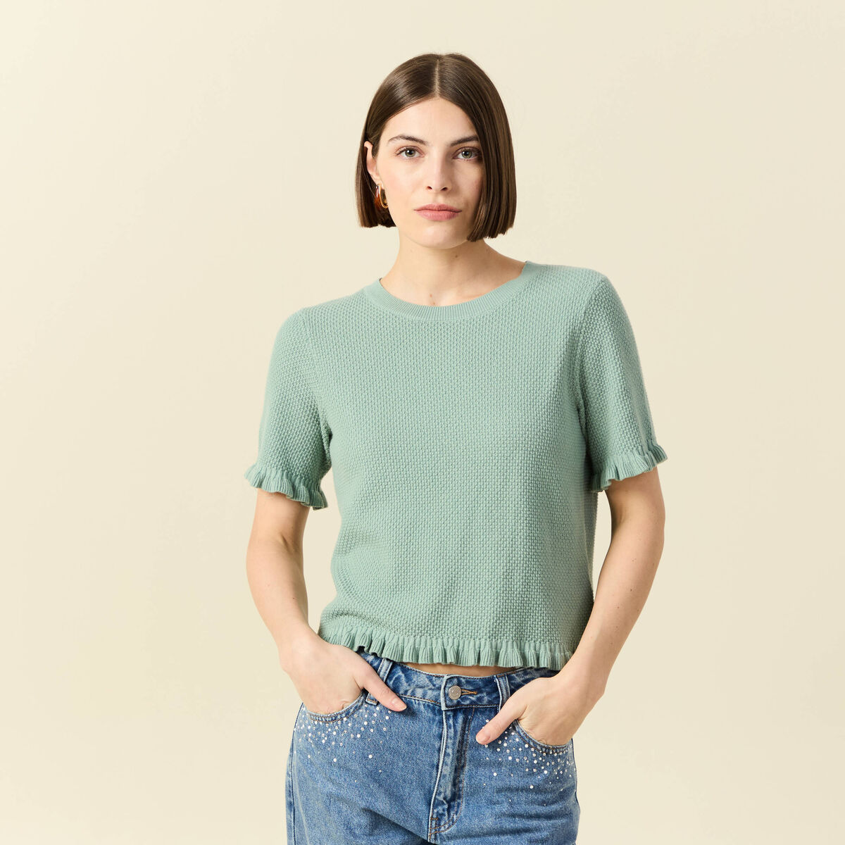 Pull droit court en coton vert pastel femme