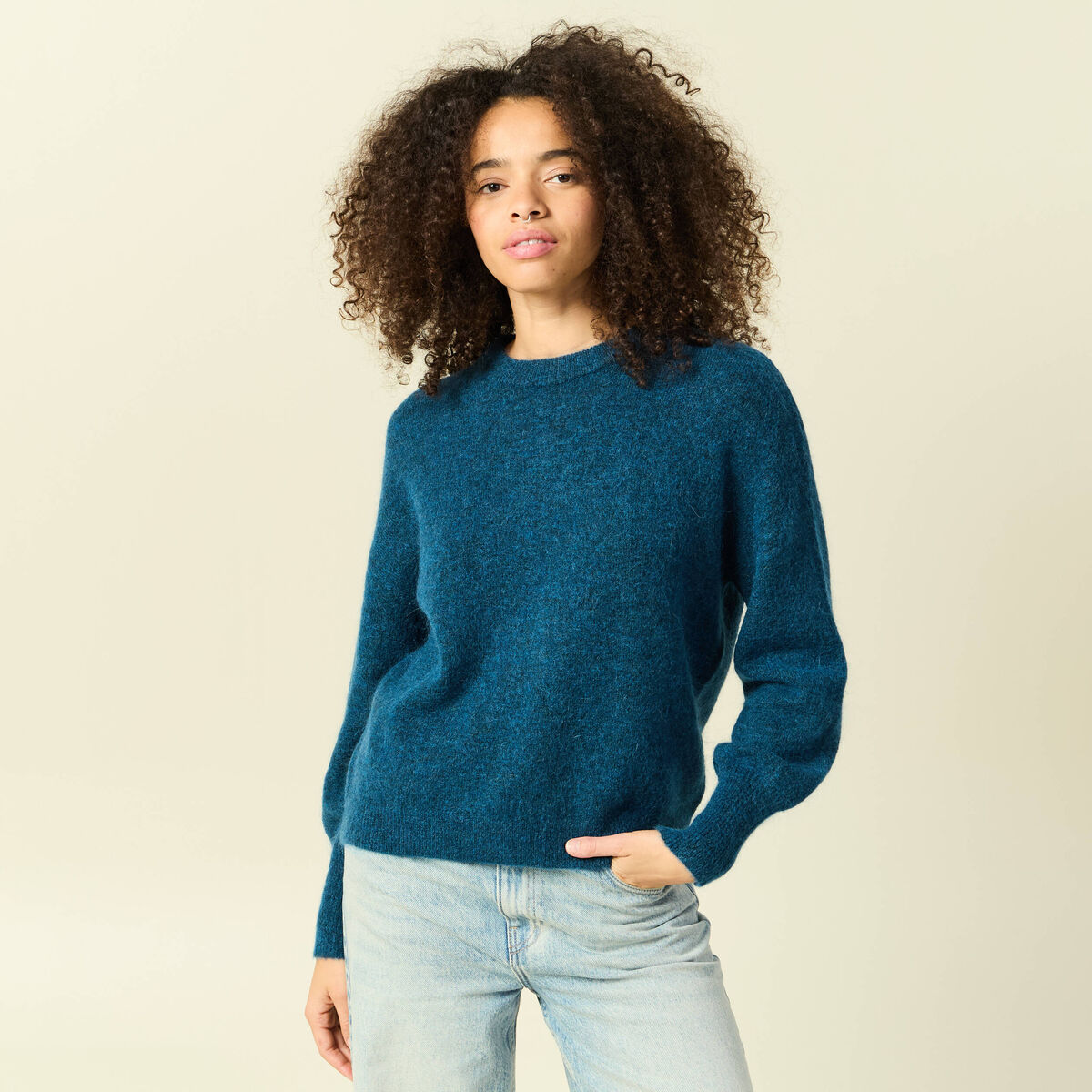 Pull col rond manches longues bleu canard femme