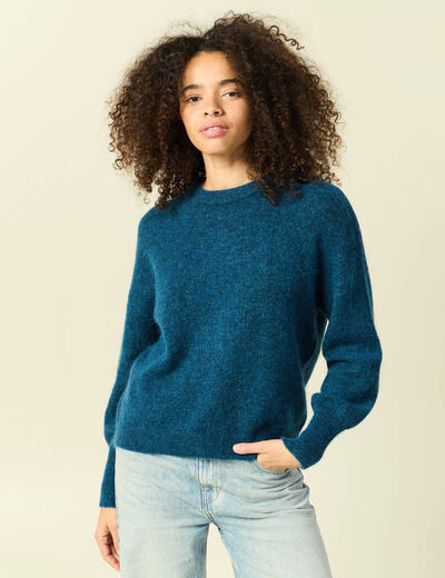 Pull col rond manches longues bleu canard femme
