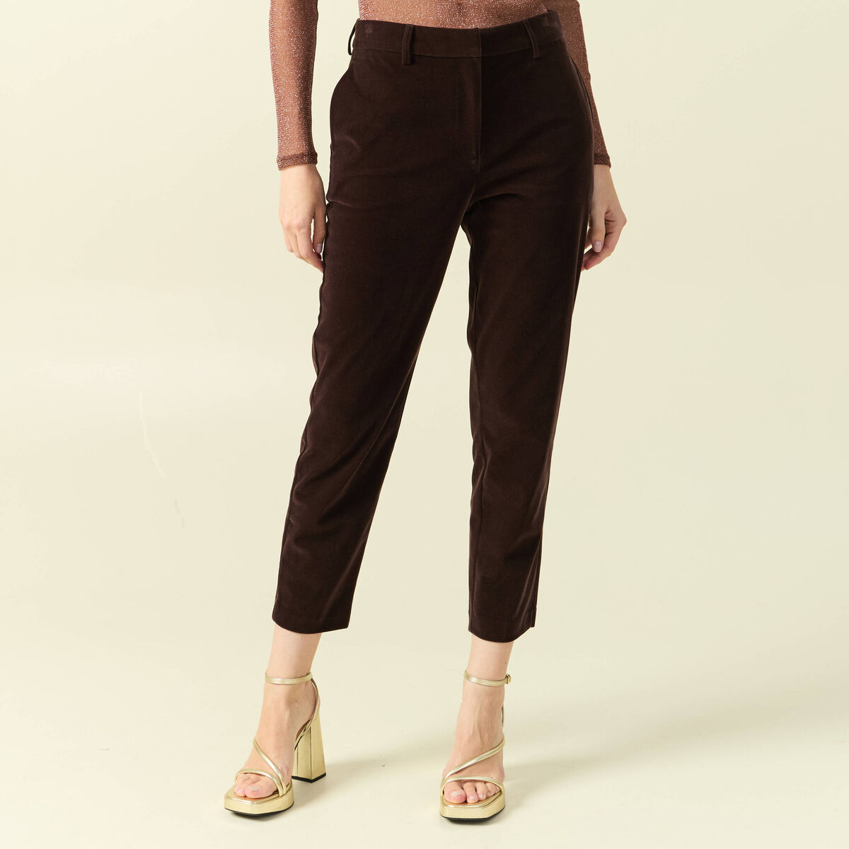 Pantalon flare taille haute en velours marron fonc&eacute; femme