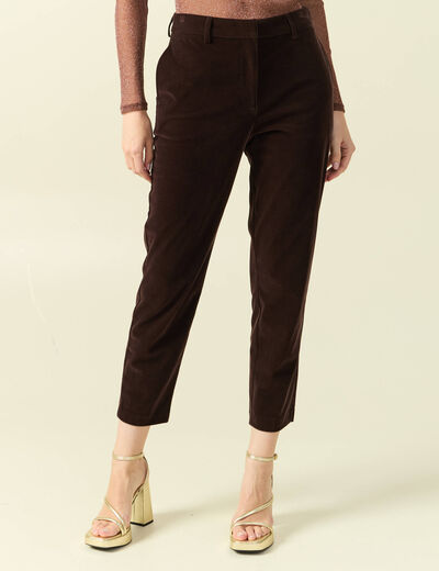 Pantalon flare taille haute en velours marron fonc&eacute; femme