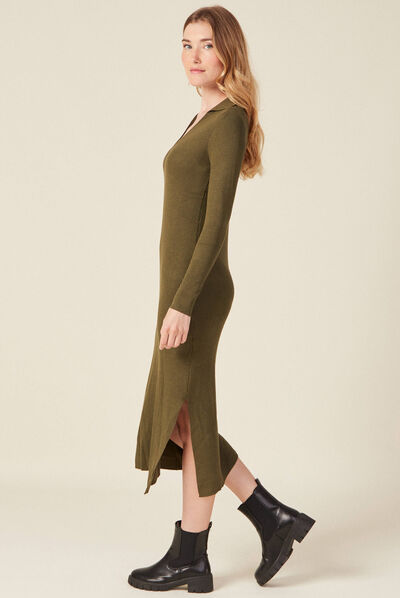 Robe pull longue moulante vert kaki femme