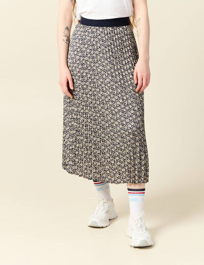 Jupe longue droite plissée bleu marine femme