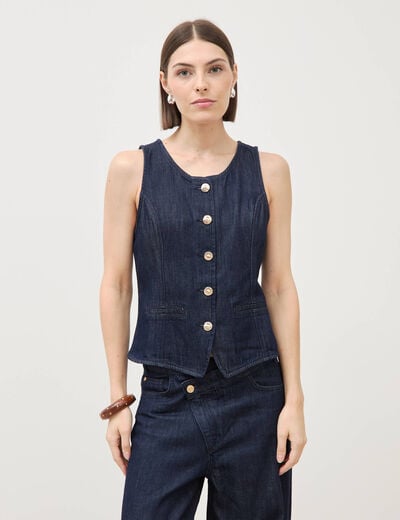Gilet en jeans sans manches col rond denim brut femme