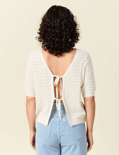 Gilet manches courtes ajouré creme femme