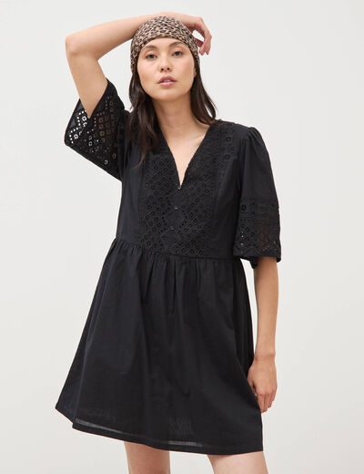 Robe courte &eacute;vas&eacute;e col v manches 3/4 noir femme