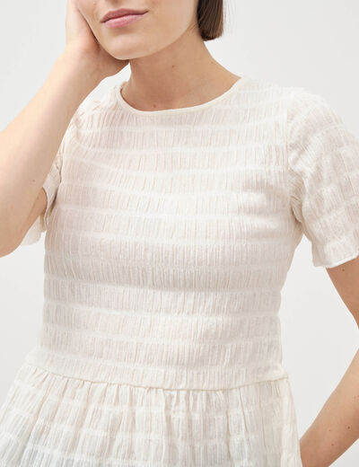 T-shirt cintr&eacute; fronc&eacute; manches courtes ivoire femme