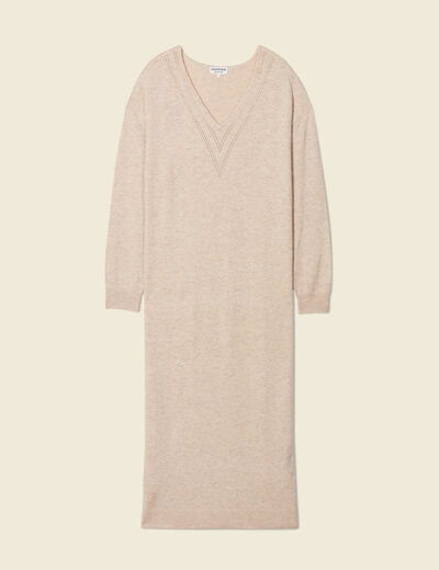 Robe cintr&eacute;e col v manches 3/4 creme femme