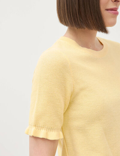 Pull droit col rond manches courtes jaune clair femme