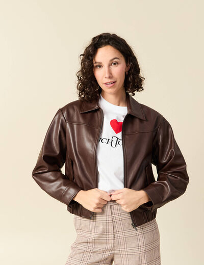 Blouson oversize manches longues doubl&eacute; marron femme
