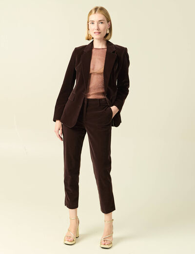 Pantalon flare taille haute en velours marron fonc&eacute; femme