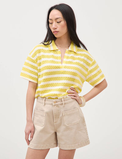 Short en jean taille haute beige femme