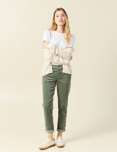 Pantalon chino velours côtelé vert kaki femme