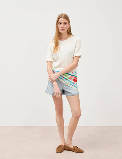 Pull droit court en coton ecru femme