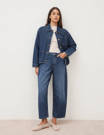 Jeans barrel 7/8&egrave;me taille standard denim brut clean femme