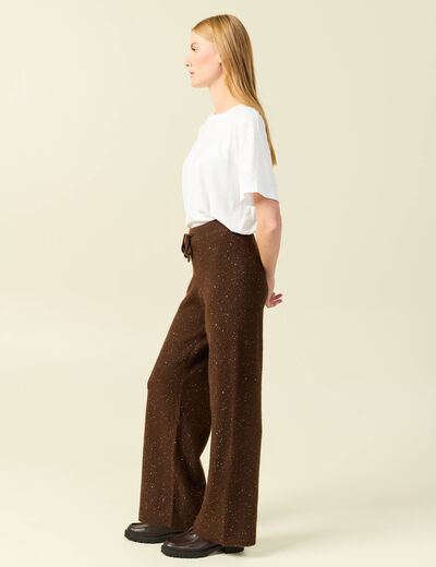 Pantalon large taille haute en maille marron fonc&eacute; femme