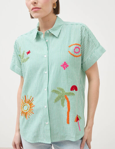 Chemise ample en coton &agrave; broderie vert femme
