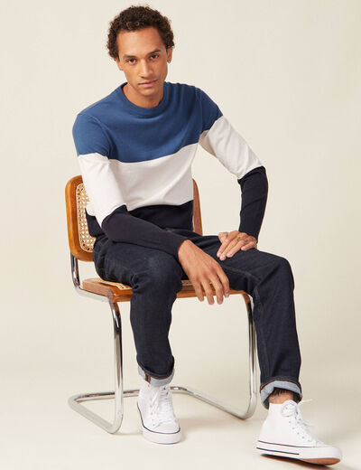 Pull manches longues col rond bleu fonc&eacute; homme