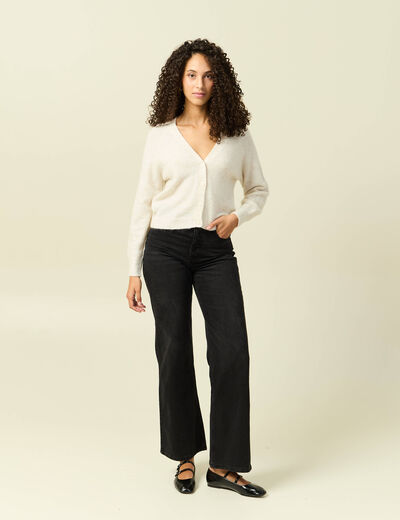 Gilet ajour&eacute; col V manches longues creme femme