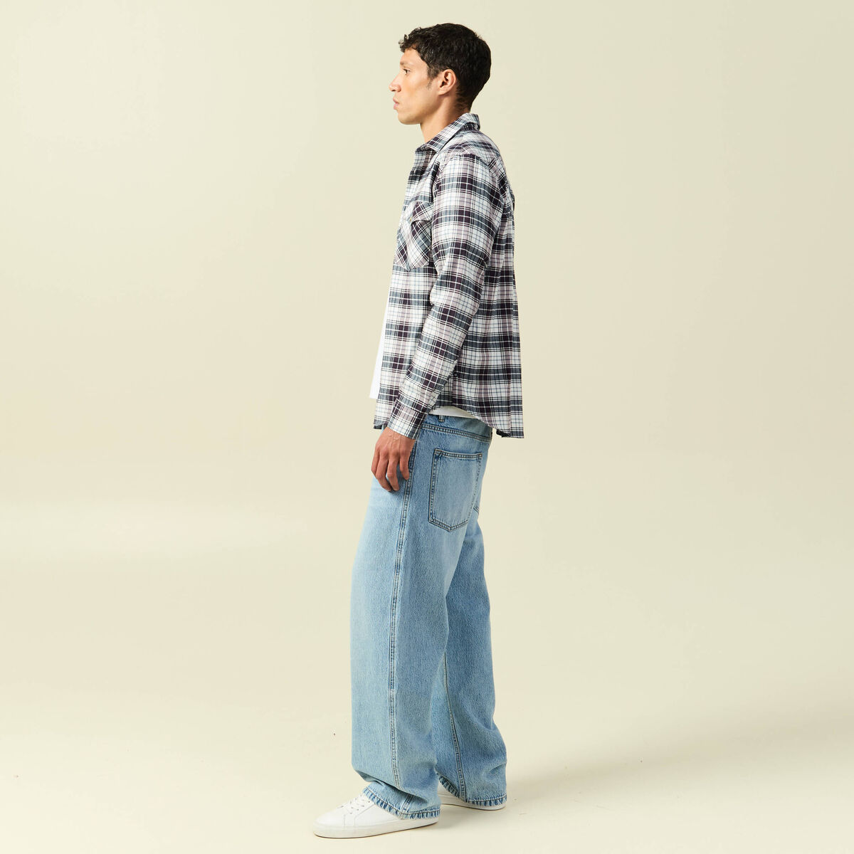 Chemise &agrave; carreaux manches longues ecru homme