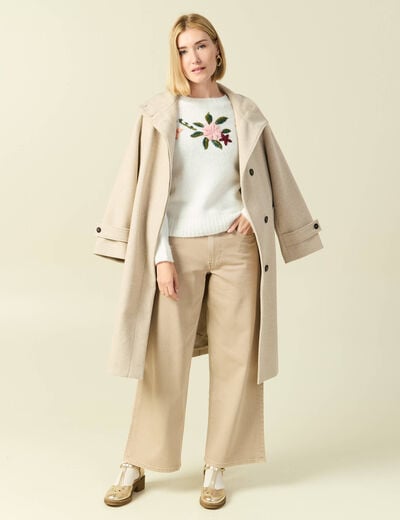 Pull col rond manches longues brod&eacute; ecru femme