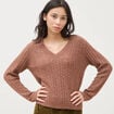 Pull droit col v manches longues marron clair femme