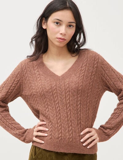 Pull droit col v manches longues marron clair femme