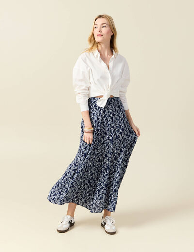 Jupe longue droite fluide bleu marine femme