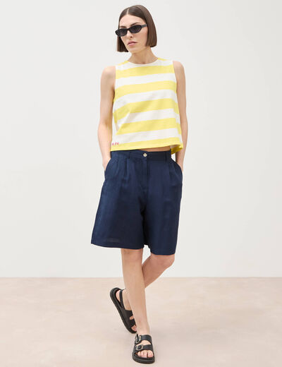 D&eacute;bardeur ray&eacute; col rond en coton jaune femme