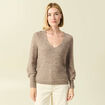 Pull col V manches longues marron clair femme