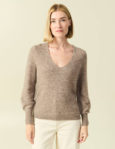 Pull col V manches longues marron clair femme