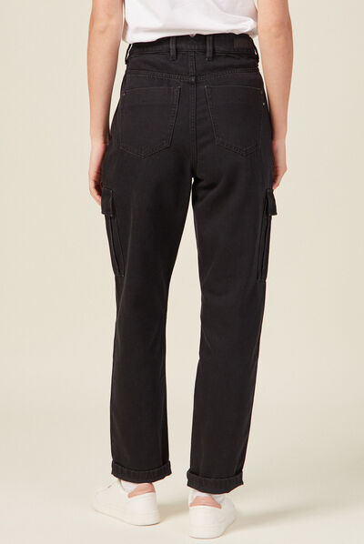 Jeans cargo taille haute denim noir femme