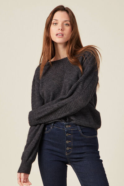 Pull manches longues gris foncé femme