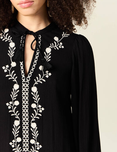 Robe évasée broderie noir femme
