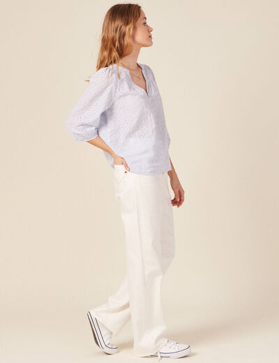 Blouse manches 3/4 brodée bleu femme
